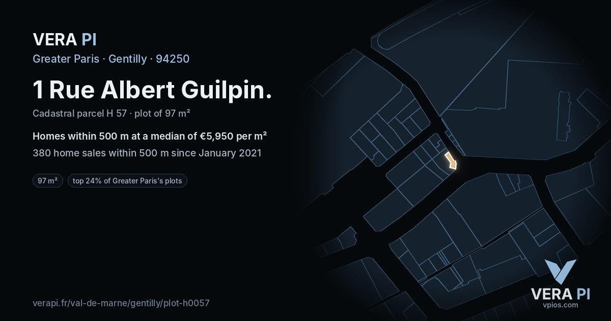 1 Rue Albert Guilpin, Gentilly at night – the plot lit, the parcels around coloured by the prices near them
