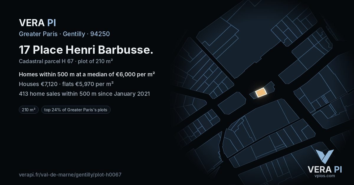 17 Place Henri Barbusse, Gentilly at night – the plot lit, the parcels around coloured by the prices near them