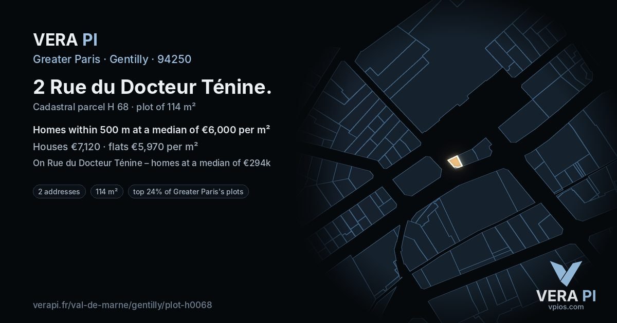 2 Rue du Docteur Ténine, Gentilly at night – the plot lit, the parcels around coloured by the prices near them