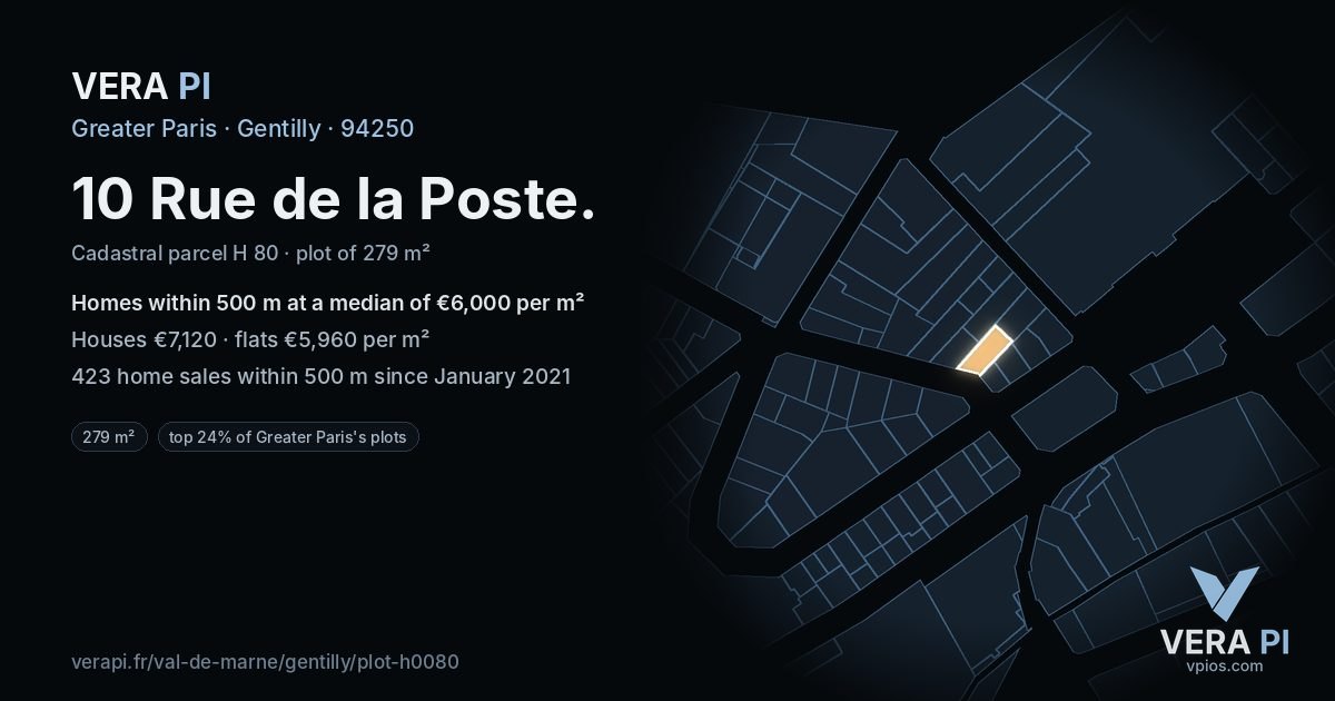 10 Rue de la Poste, Gentilly at night – the plot lit, the parcels around coloured by the prices near them