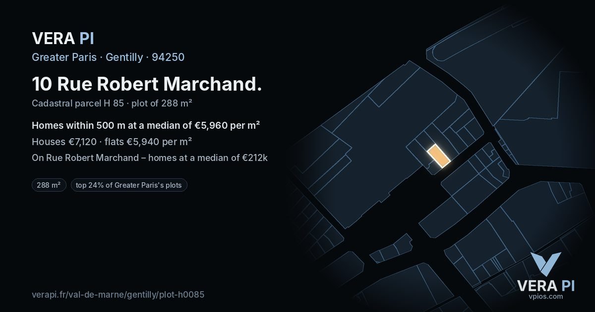 10 Rue Robert Marchand, Gentilly at night – the plot lit, the parcels around coloured by the prices near them