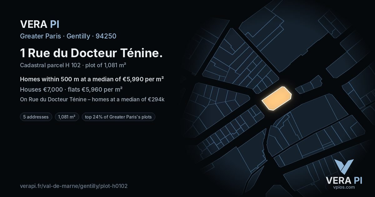 1 Rue du Docteur Ténine, Gentilly at night – the plot lit, the parcels around coloured by the prices near them