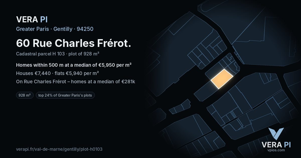 60 Rue Charles Frérot, Gentilly at night – the plot lit, the parcels around coloured by the prices near them