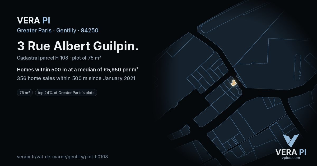 3 Rue Albert Guilpin, Gentilly at night – the plot lit, the parcels around coloured by the prices near them