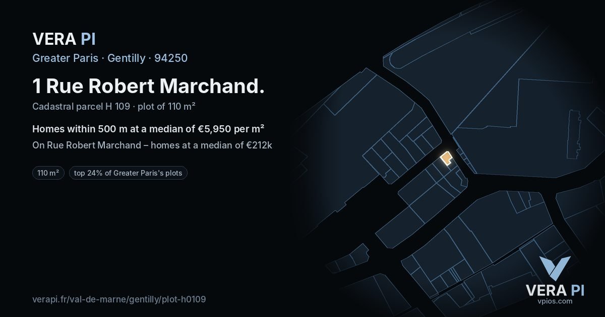 1 Rue Robert Marchand, Gentilly at night – the plot lit, the parcels around coloured by the prices near them