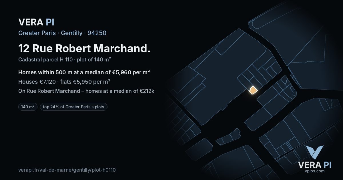 12 Rue Robert Marchand, Gentilly at night – the plot lit, the parcels around coloured by the prices near them