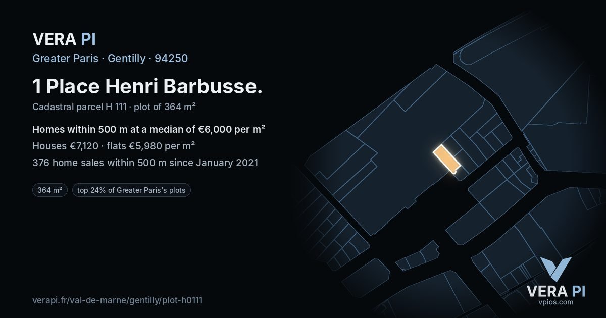 1 Place Henri Barbusse, Gentilly at night – the plot lit, the parcels around coloured by the prices near them