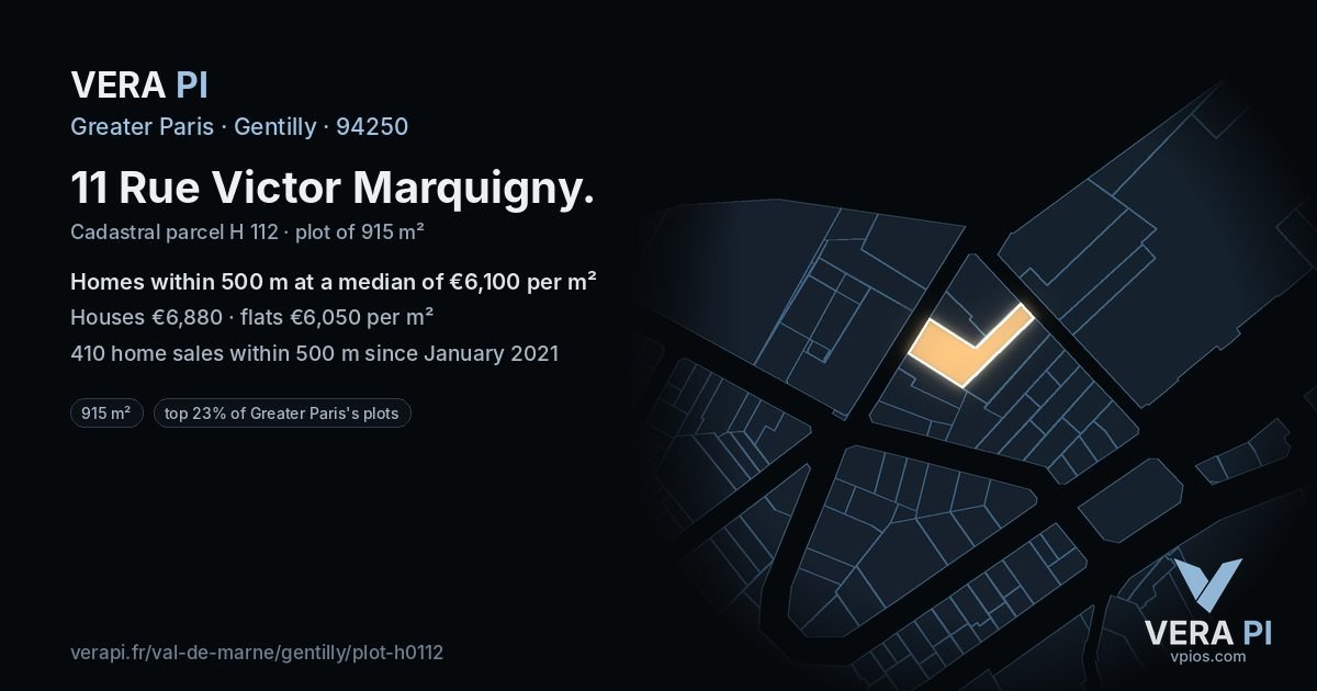 11 Rue Victor Marquigny, Gentilly at night – the plot lit, the parcels around coloured by the prices near them