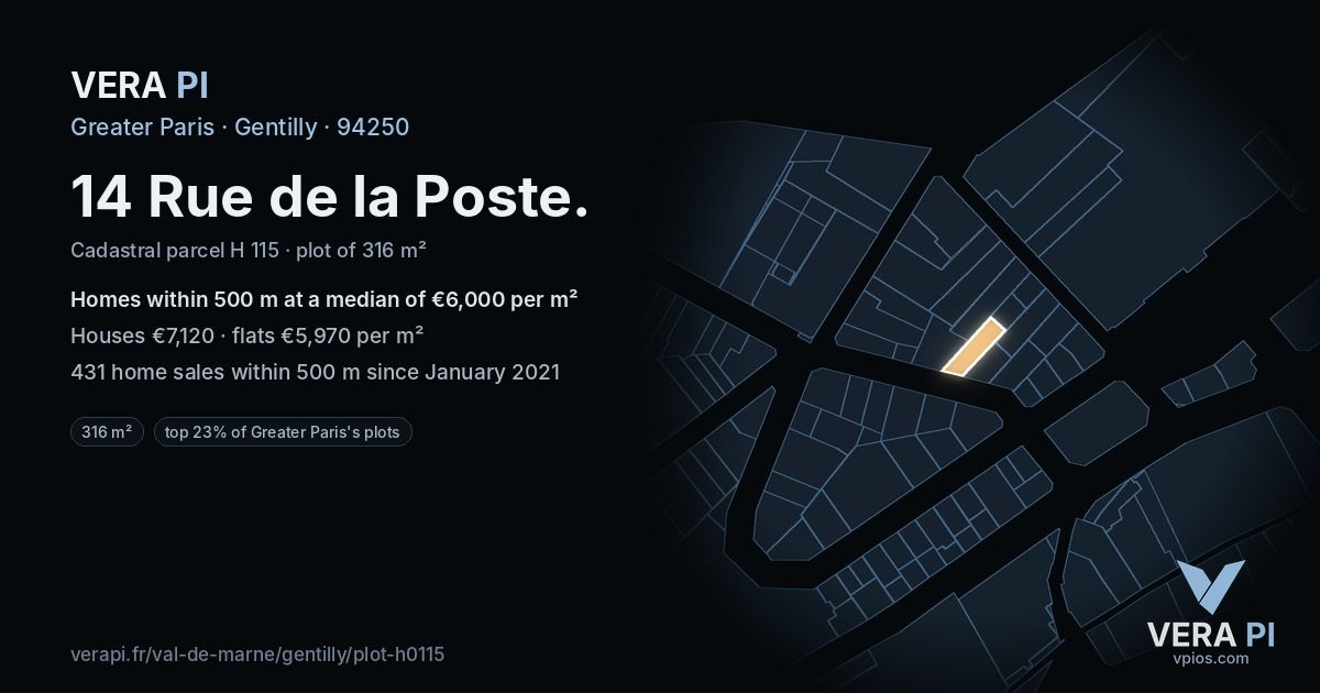 14 Rue de la Poste, Gentilly at night – the plot lit, the parcels around coloured by the prices near them