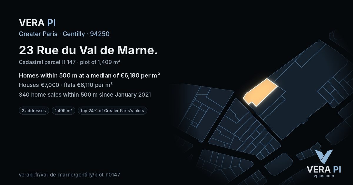 23 Rue du Val de Marne, Gentilly at night – the plot lit, the parcels around coloured by the prices near them