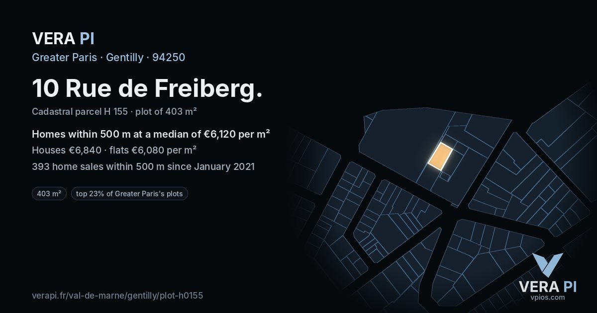 10 Rue de Freiberg, Gentilly at night – the plot lit, the parcels around coloured by the prices near them