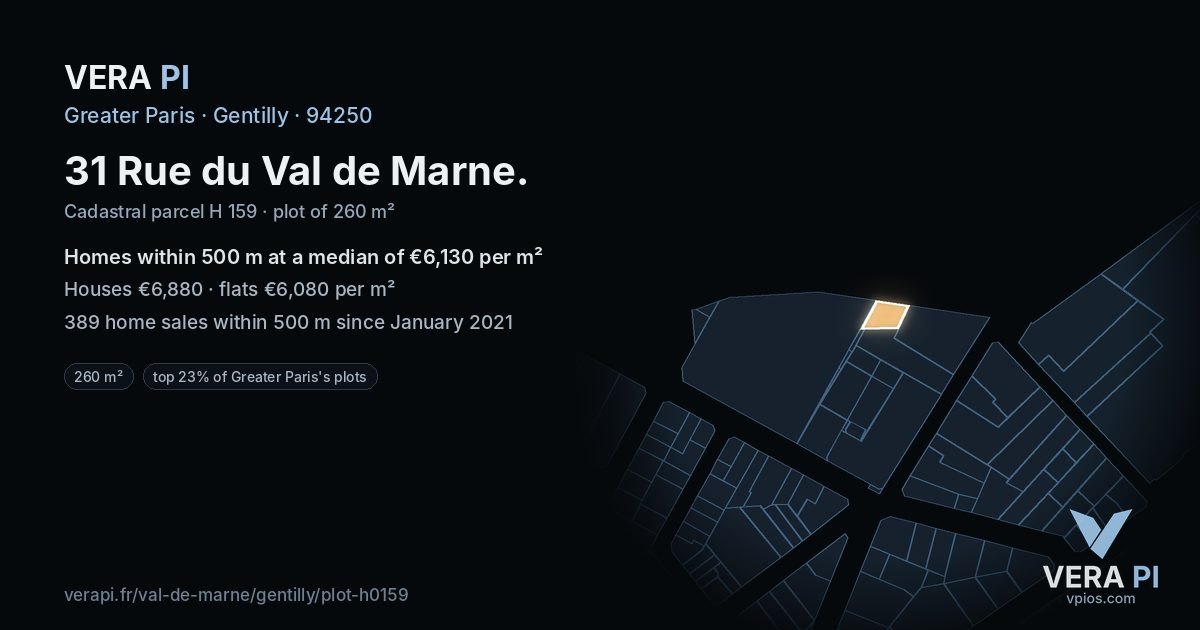 31 Rue du Val de Marne, Gentilly at night – the plot lit, the parcels around coloured by the prices near them
