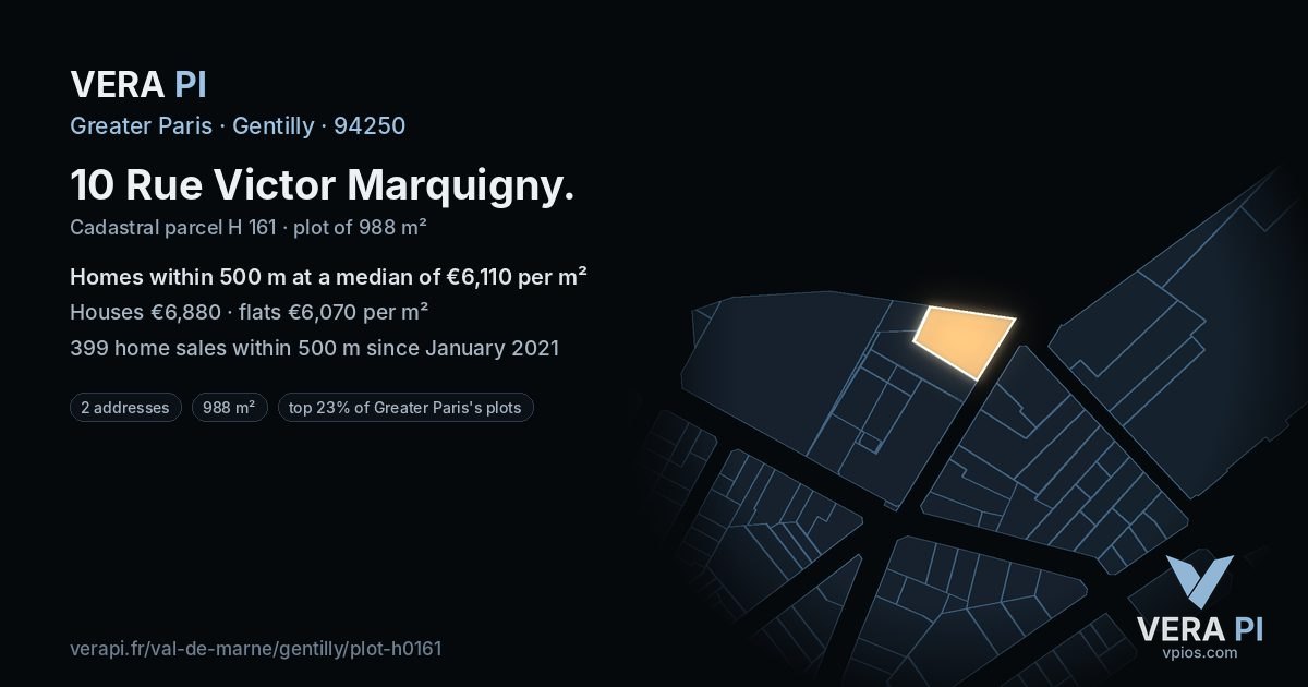 10 Rue Victor Marquigny, Gentilly at night – the plot lit, the parcels around coloured by the prices near them
