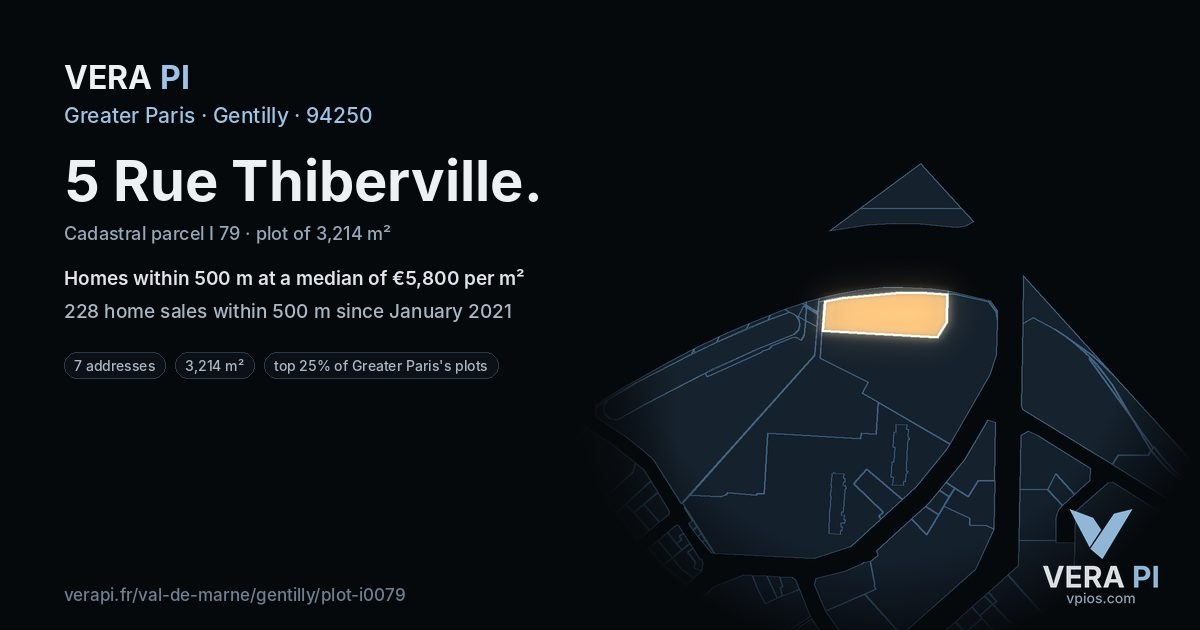 5 Rue Thiberville, Gentilly at night – the plot lit, the parcels around coloured by the prices near them