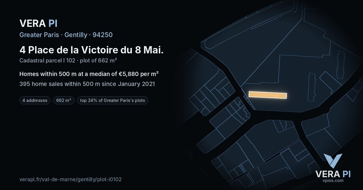 4 Place de la Victoire du 8 Mai, Gentilly at night – the plot lit, the parcels around coloured by the prices near them