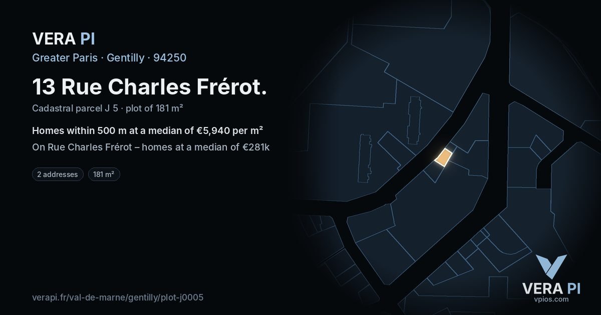 13 Rue Charles Frérot, Gentilly at night – the plot lit, the parcels around coloured by the prices near them