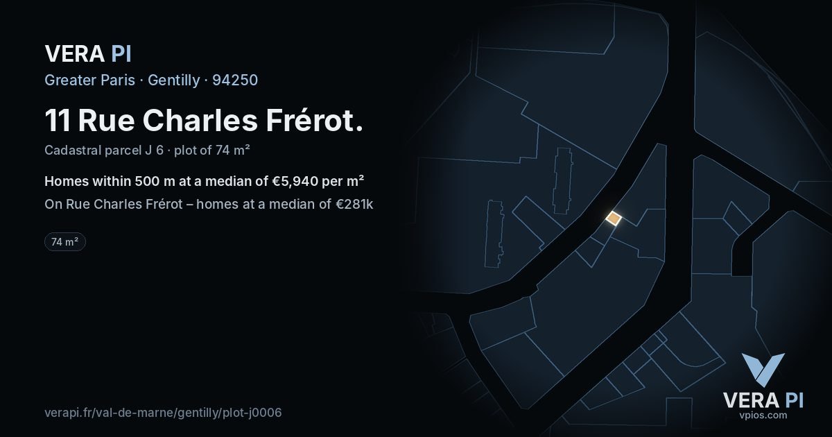 11 Rue Charles Frérot, Gentilly at night – the plot lit, the parcels around coloured by the prices near them