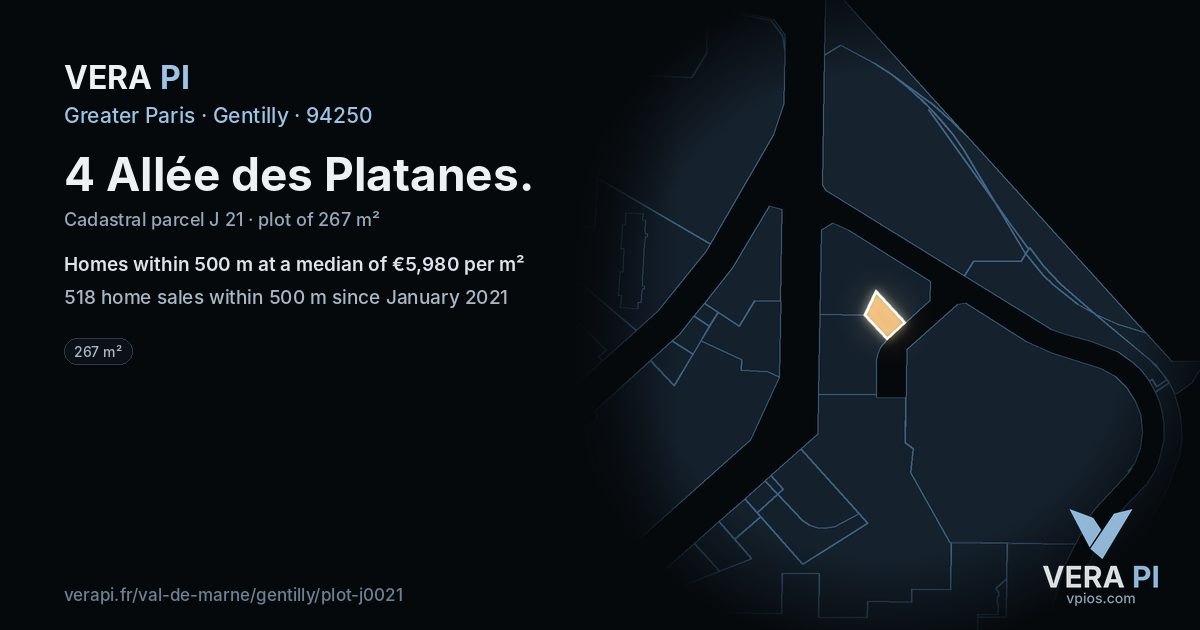 4 Allée des Platanes, Gentilly at night – the plot lit, the parcels around coloured by the prices near them