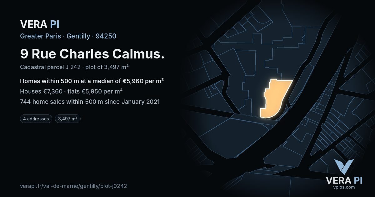 9 Rue Charles Calmus, Gentilly at night – the plot lit, the parcels around coloured by the prices near them