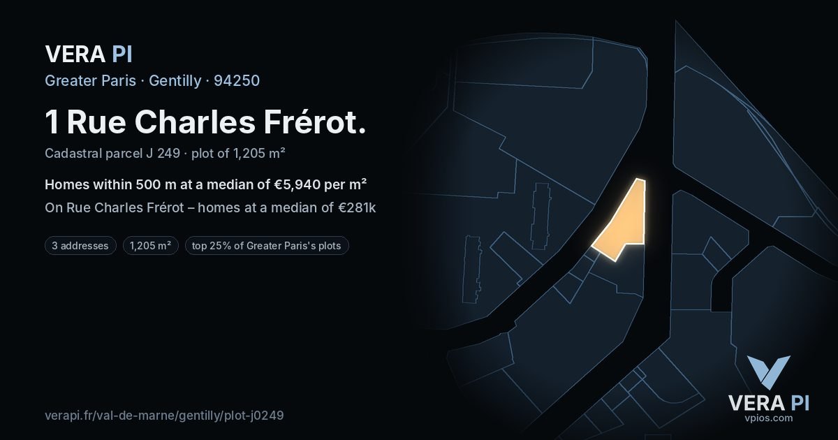 1 Rue Charles Frérot, Gentilly at night – the plot lit, the parcels around coloured by the prices near them