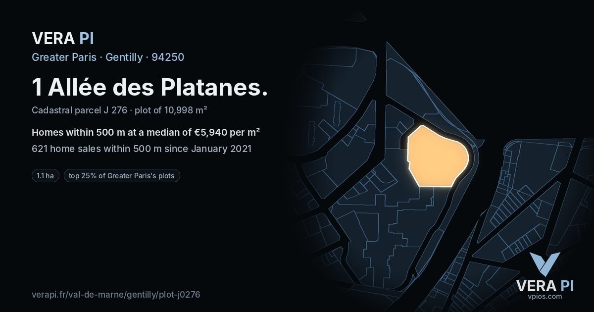 1 Allée des Platanes, Gentilly at night – the plot lit, the parcels around coloured by the prices near them