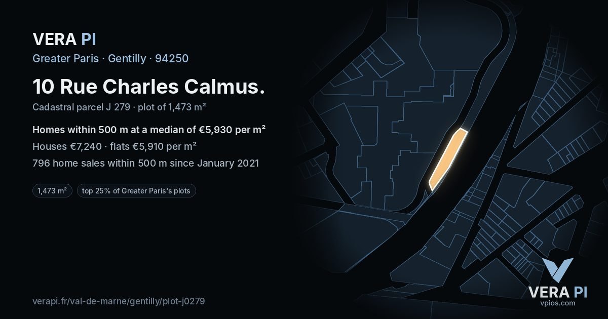 10 Rue Charles Calmus, Gentilly at night – the plot lit, the parcels around coloured by the prices near them
