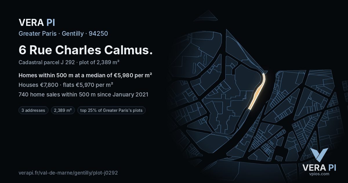 6 Rue Charles Calmus, Gentilly at night – the plot lit, the parcels around coloured by the prices near them