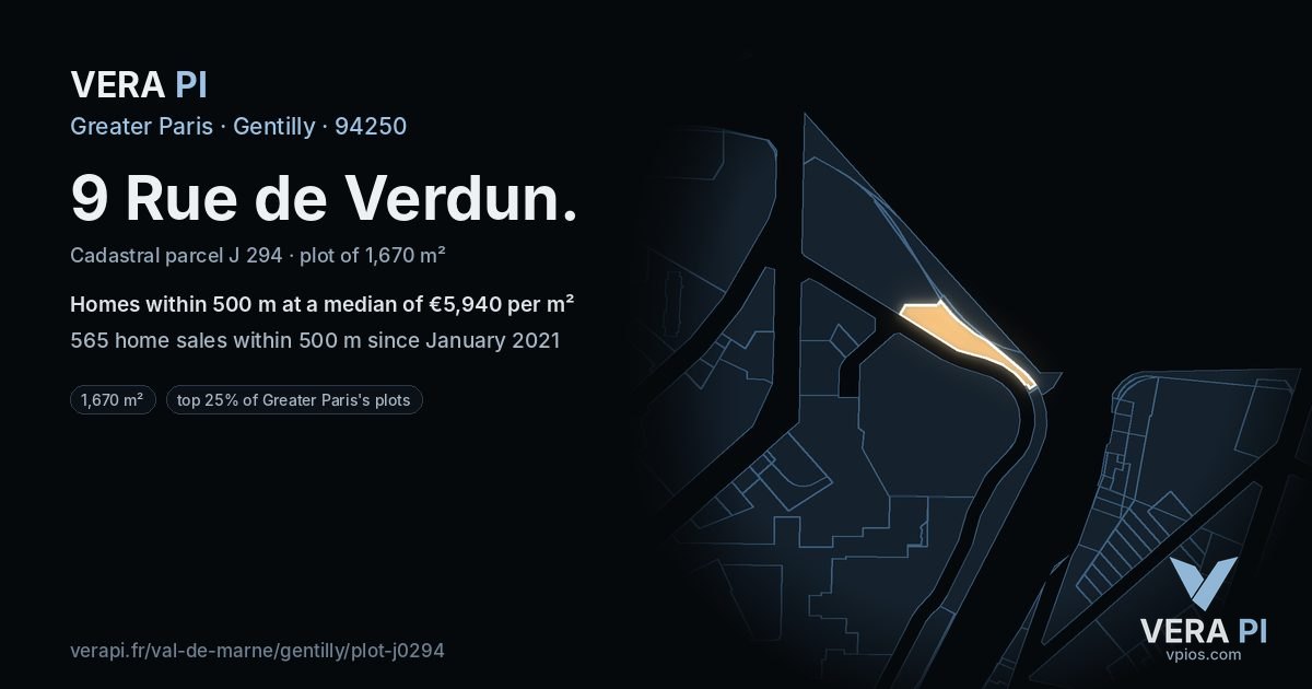 9 Rue de Verdun, Gentilly at night – the plot lit, the parcels around coloured by the prices near them