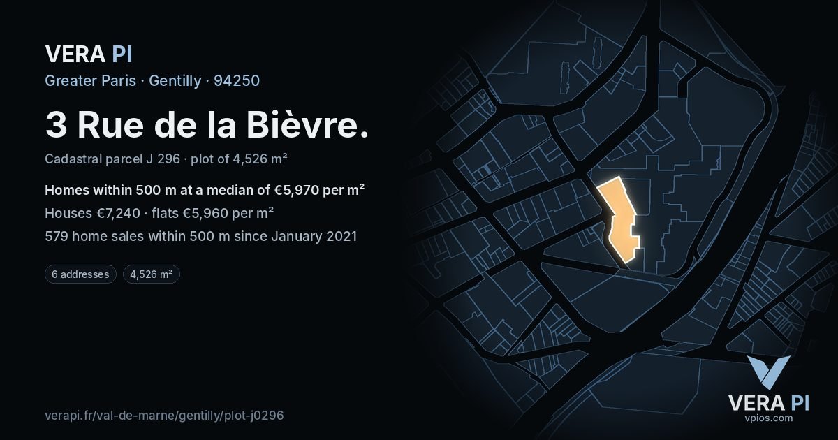 3 Rue de la Bièvre, Gentilly at night – the plot lit, the parcels around coloured by the prices near them