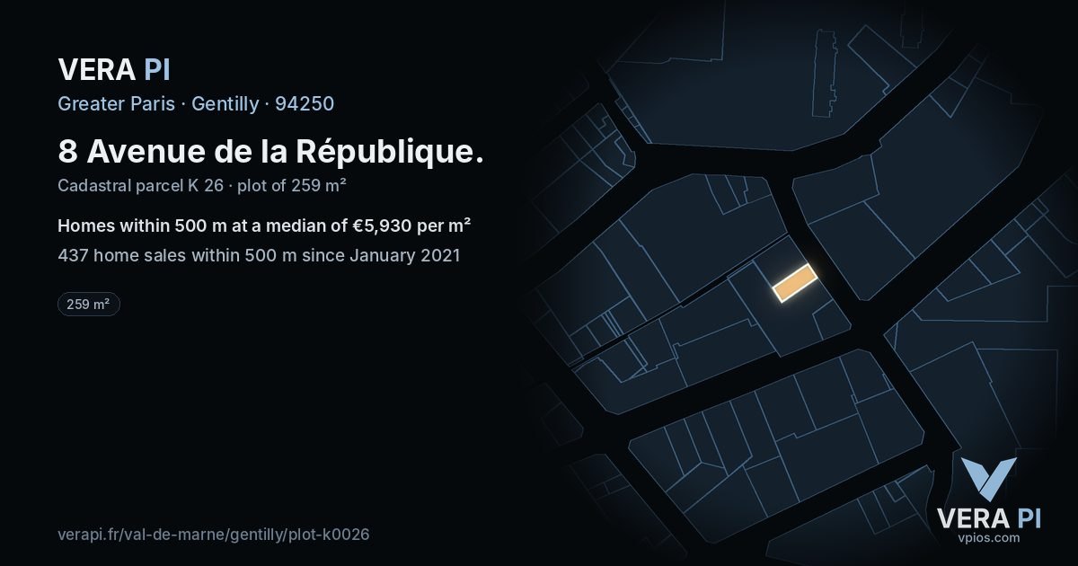 8 Avenue de la République, Gentilly at night – the plot lit, the parcels around coloured by the prices near them