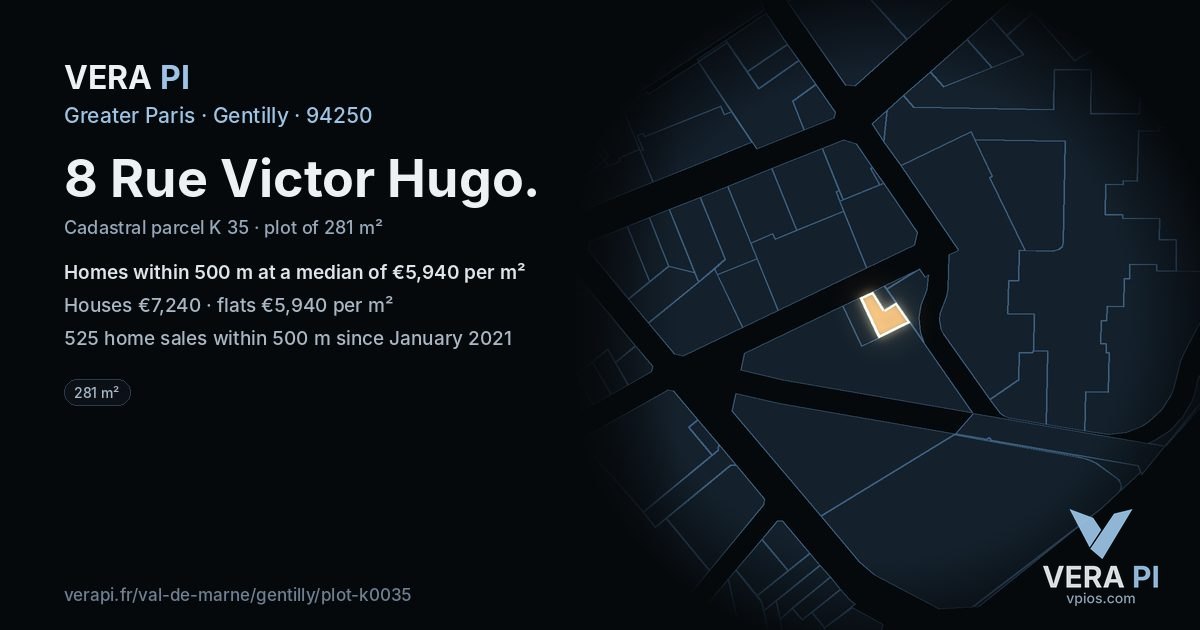 8 Rue Victor Hugo, Gentilly at night – the plot lit, the parcels around coloured by the prices near them