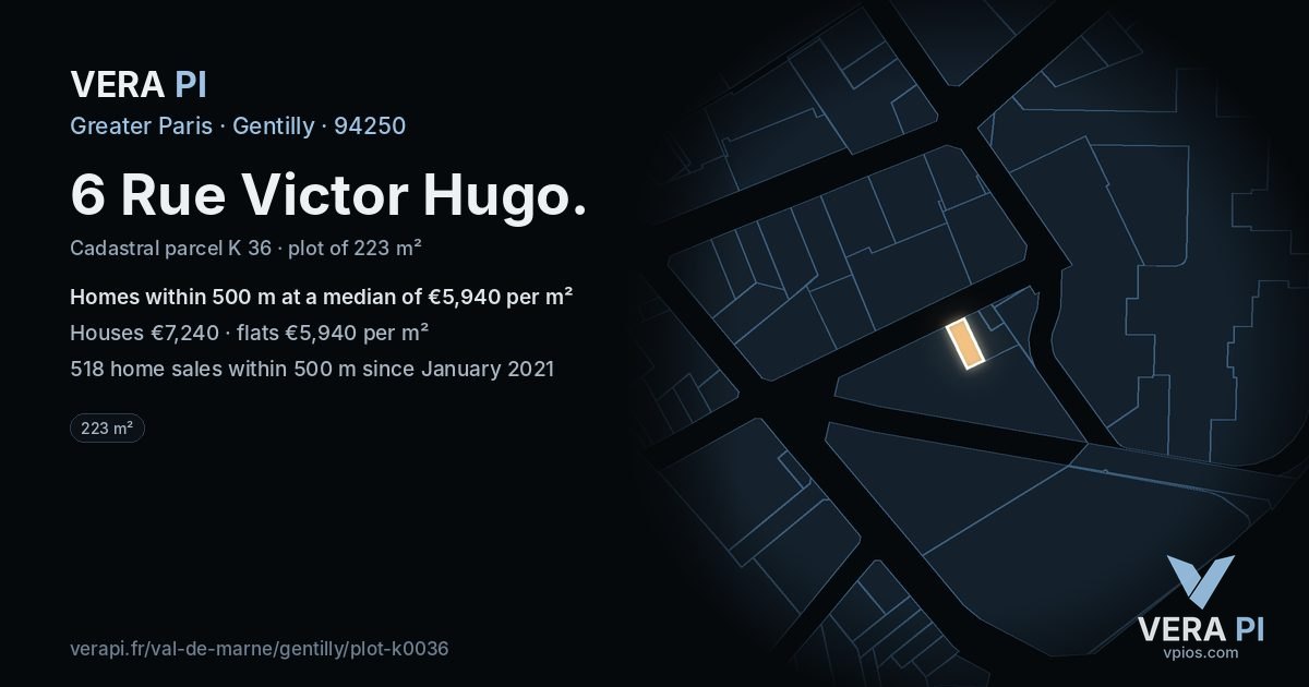 6 Rue Victor Hugo, Gentilly at night – the plot lit, the parcels around coloured by the prices near them