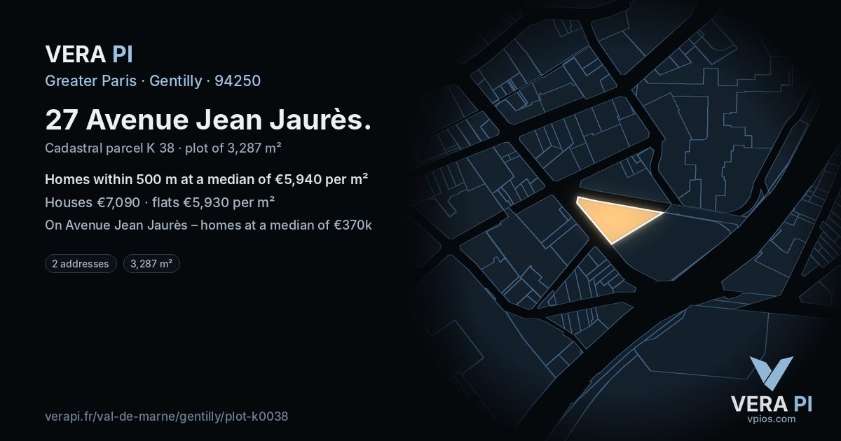 27 Avenue Jean Jaurès, Gentilly at night – the plot lit, the parcels around coloured by the prices near them
