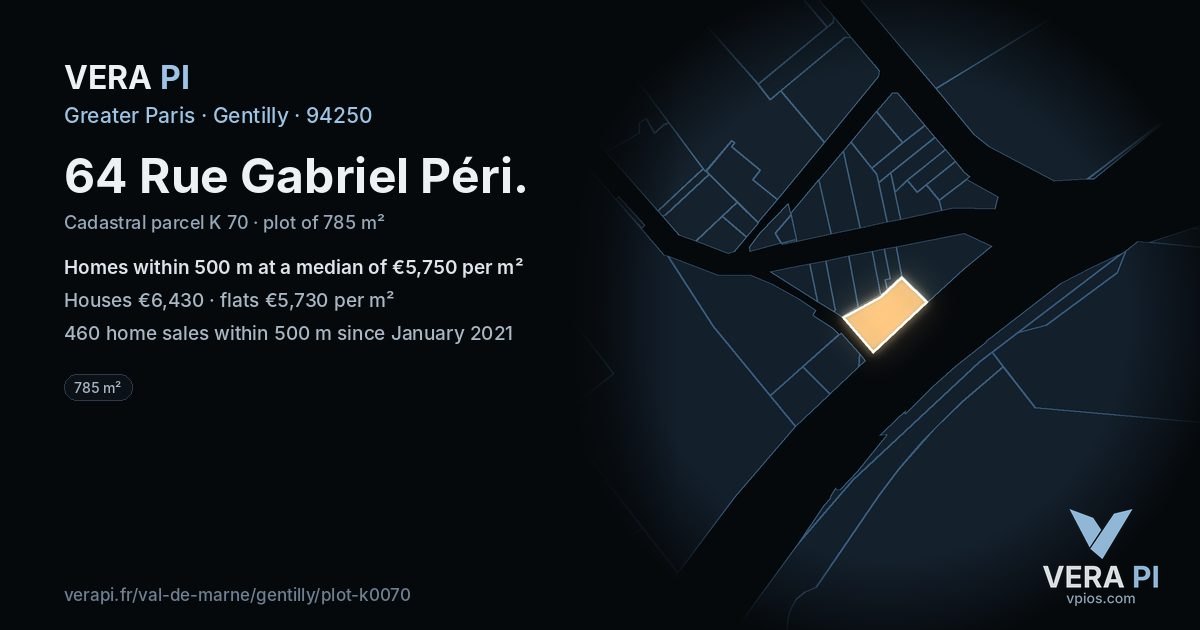 64 Rue Gabriel Péri, Gentilly at night – the plot lit, the parcels around coloured by the prices near them