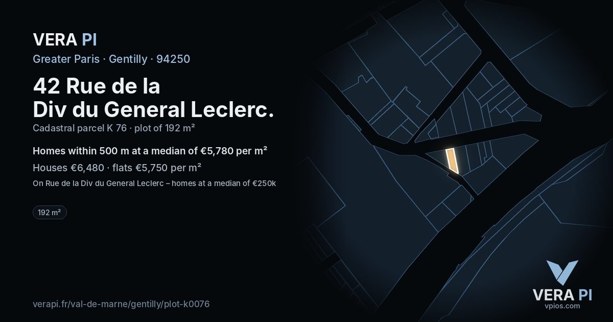 42 Rue de la Div du General Leclerc, Gentilly at night – the plot lit, the parcels around coloured by the prices near them