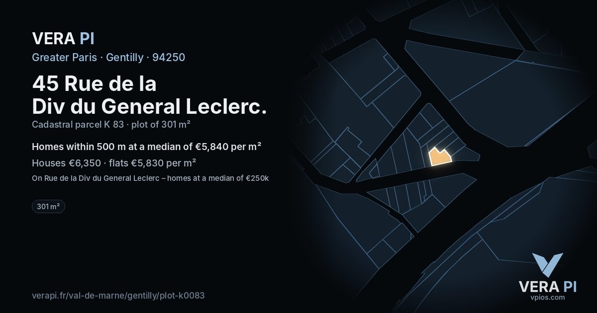 45 Rue de la Div du General Leclerc, Gentilly at night – the plot lit, the parcels around coloured by the prices near them