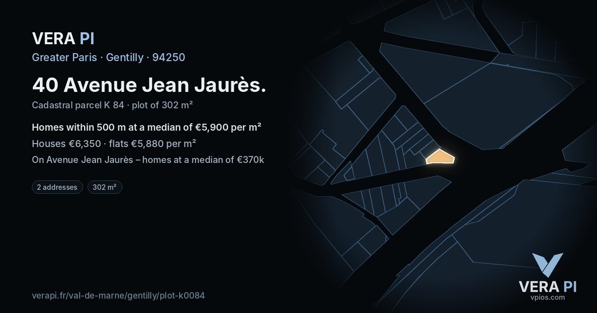 40 Avenue Jean Jaurès, Gentilly at night – the plot lit, the parcels around coloured by the prices near them