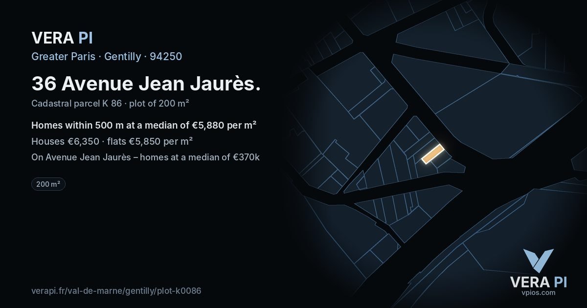 36 Avenue Jean Jaurès, Gentilly at night – the plot lit, the parcels around coloured by the prices near them