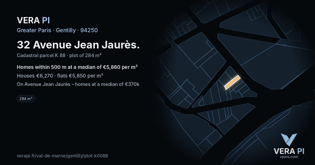 32 Avenue Jean Jaurès, Gentilly at night – the plot lit, the parcels around coloured by the prices near them