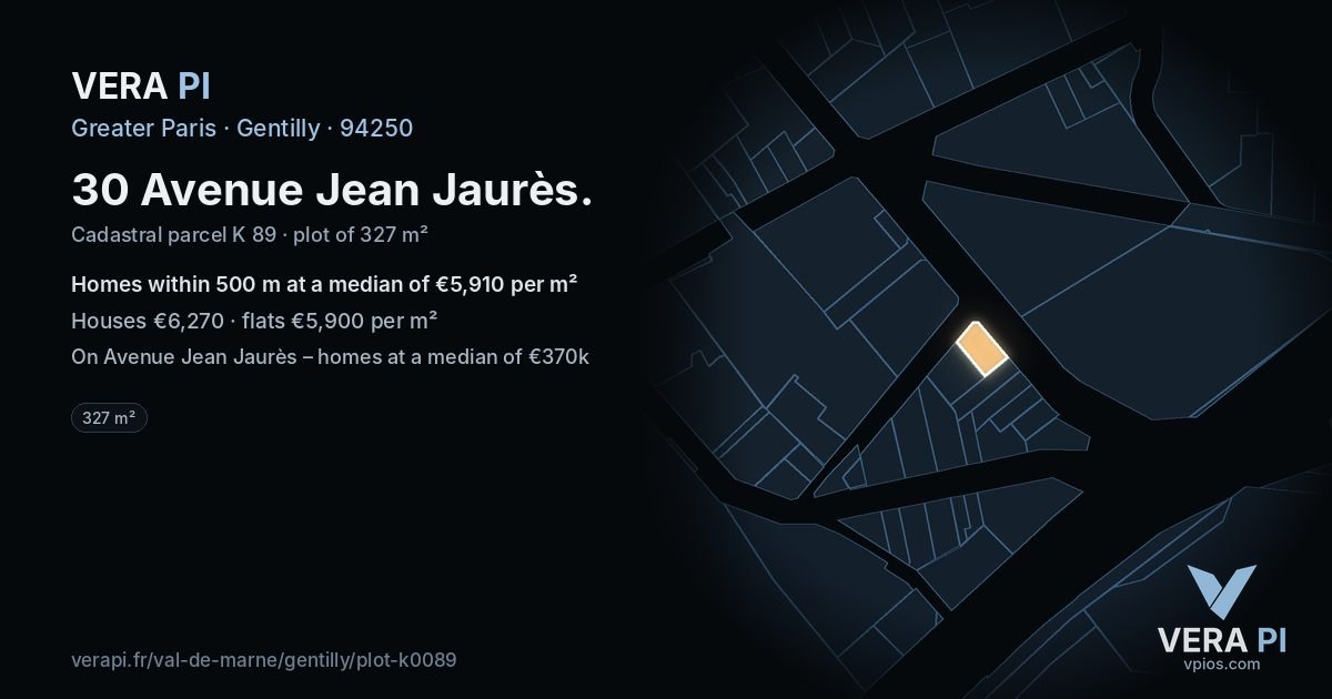 30 Avenue Jean Jaurès, Gentilly at night – the plot lit, the parcels around coloured by the prices near them