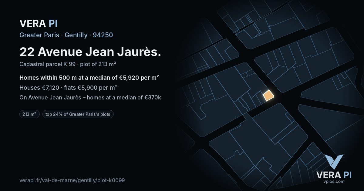 22 Avenue Jean Jaurès, Gentilly at night – the plot lit, the parcels around coloured by the prices near them