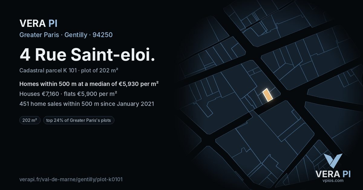 4 Rue Saint-eloi, Gentilly at night – the plot lit, the parcels around coloured by the prices near them