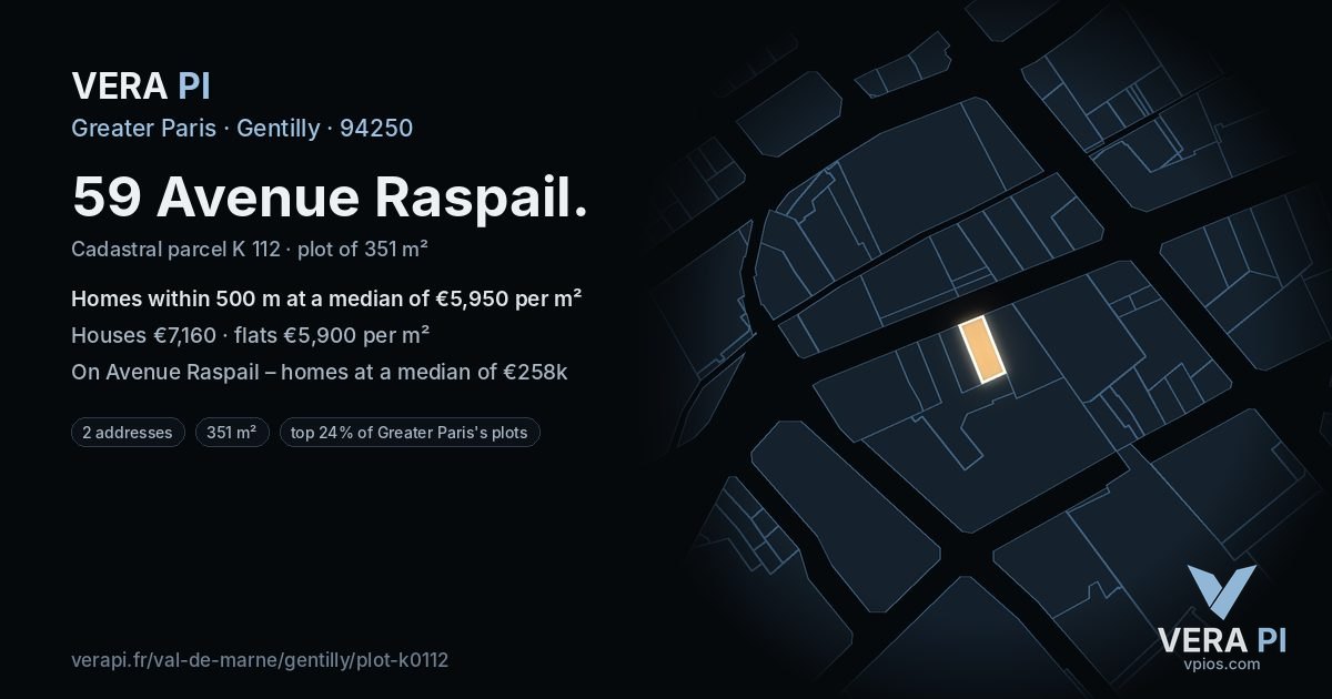 59 Avenue Raspail, Gentilly at night – the plot lit, the parcels around coloured by the prices near them