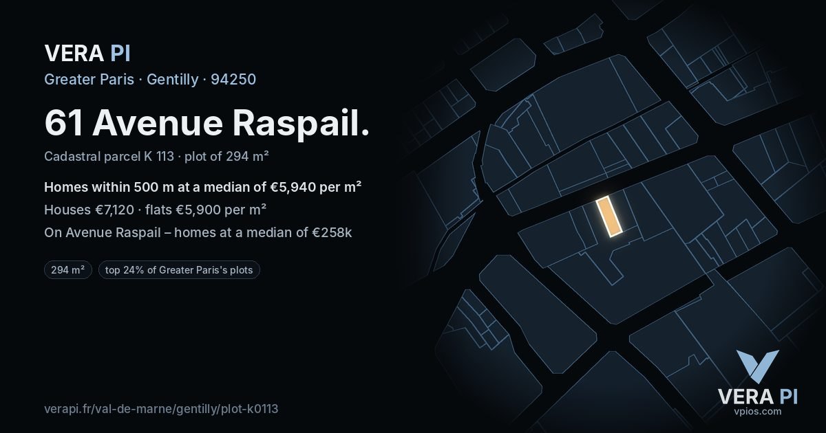 61 Avenue Raspail, Gentilly at night – the plot lit, the parcels around coloured by the prices near them