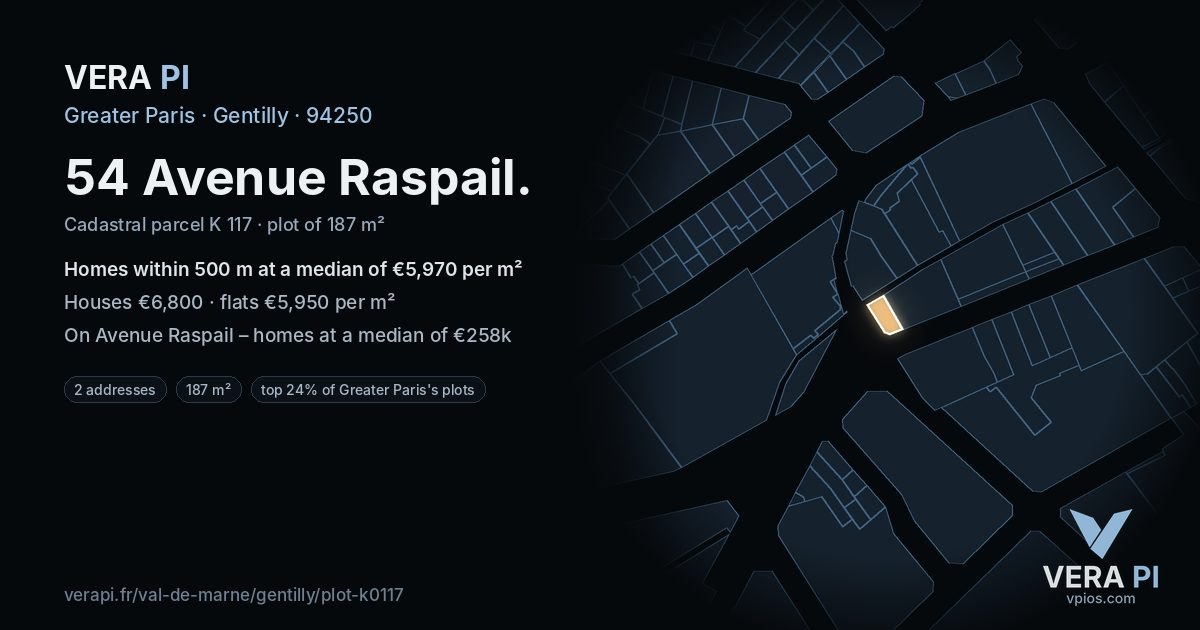 54 Avenue Raspail, Gentilly at night – the plot lit, the parcels around coloured by the prices near them