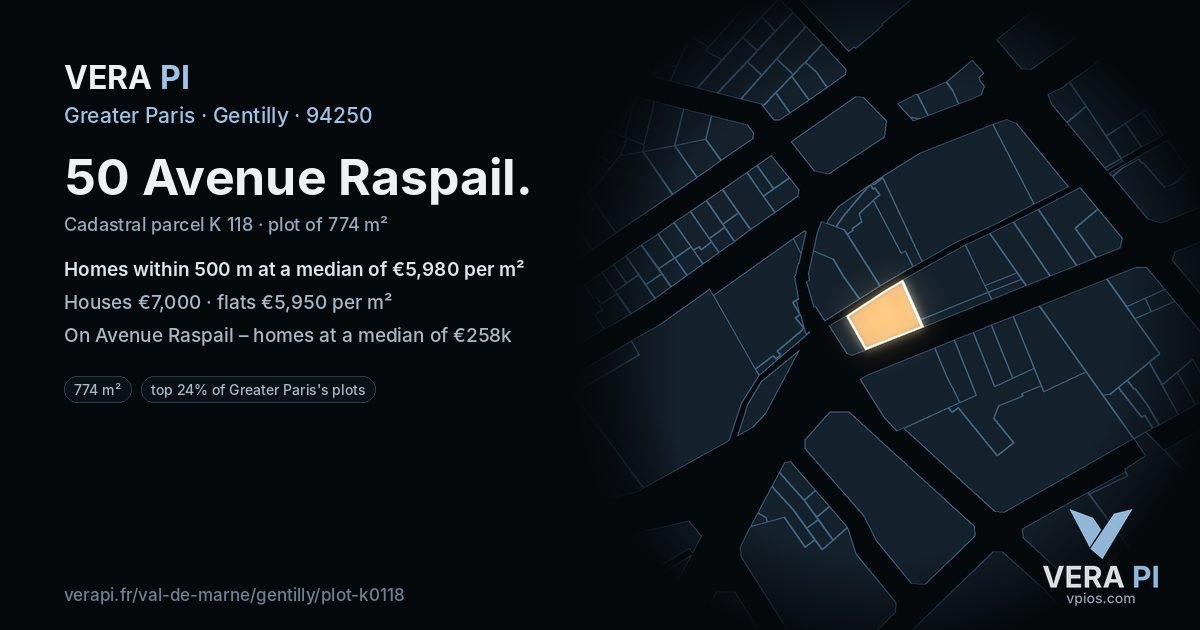 50 Avenue Raspail, Gentilly at night – the plot lit, the parcels around coloured by the prices near them