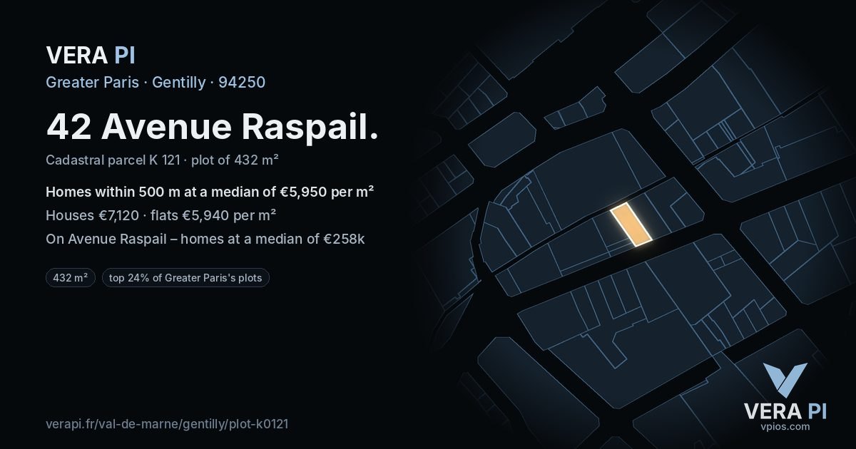 42 Avenue Raspail, Gentilly at night – the plot lit, the parcels around coloured by the prices near them