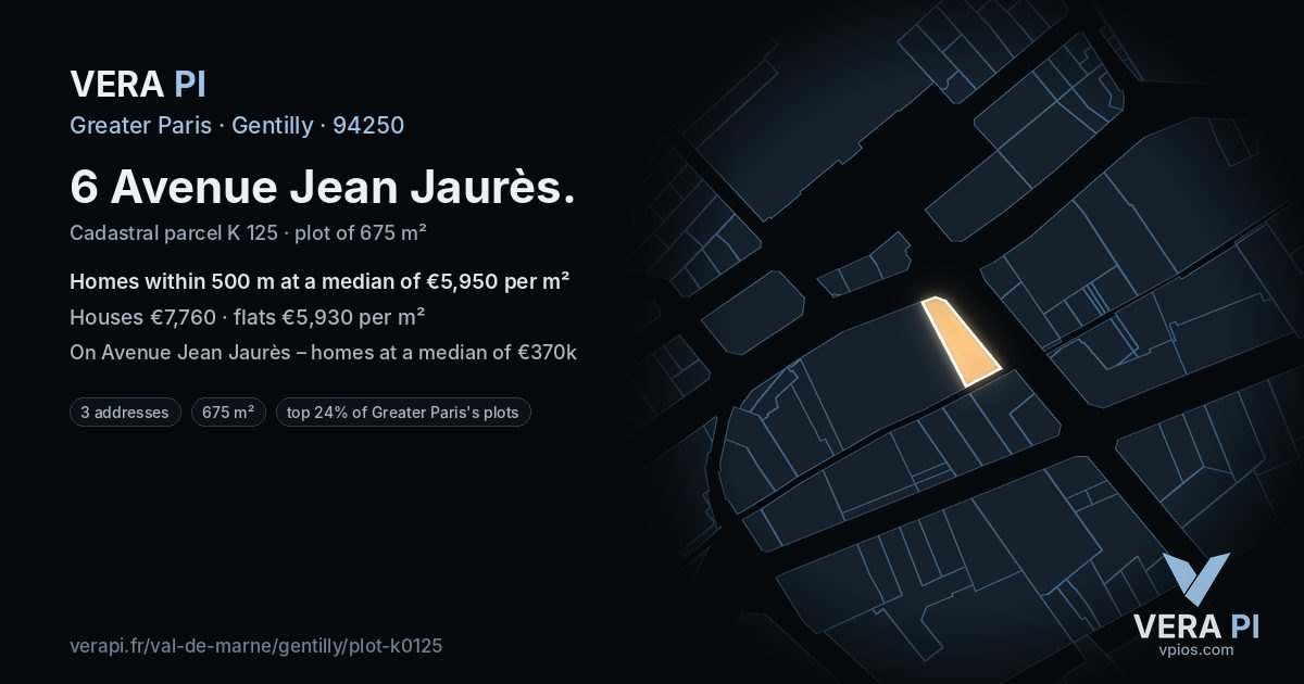 6 Avenue Jean Jaurès, Gentilly at night – the plot lit, the parcels around coloured by the prices near them