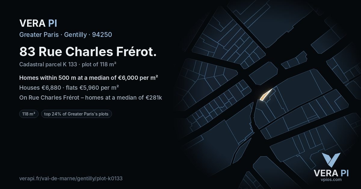 83 Rue Charles Frérot, Gentilly at night – the plot lit, the parcels around coloured by the prices near them