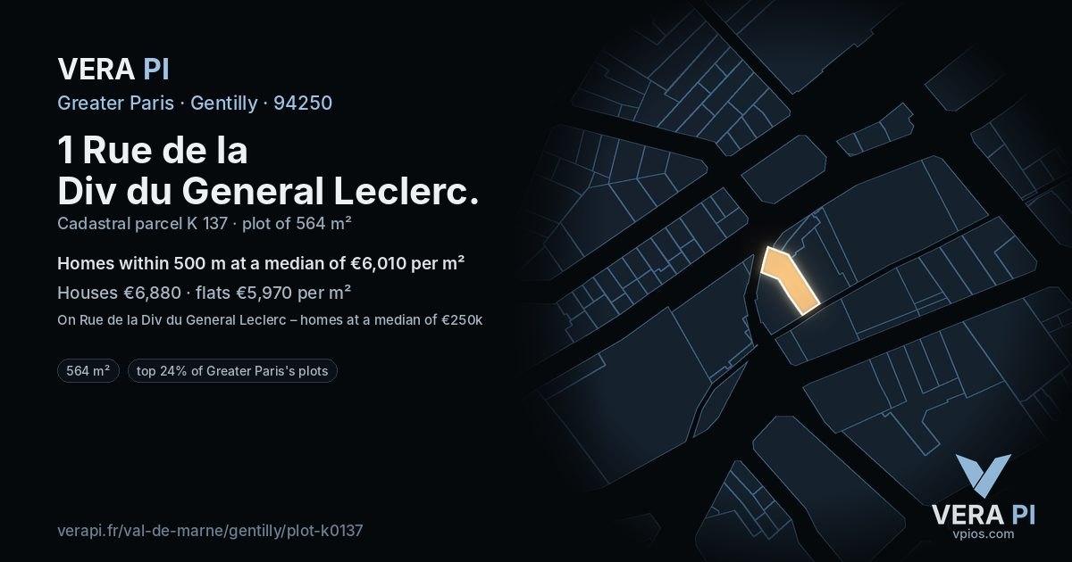 1 Rue de la Div du General Leclerc, Gentilly at night – the plot lit, the parcels around coloured by the prices near them